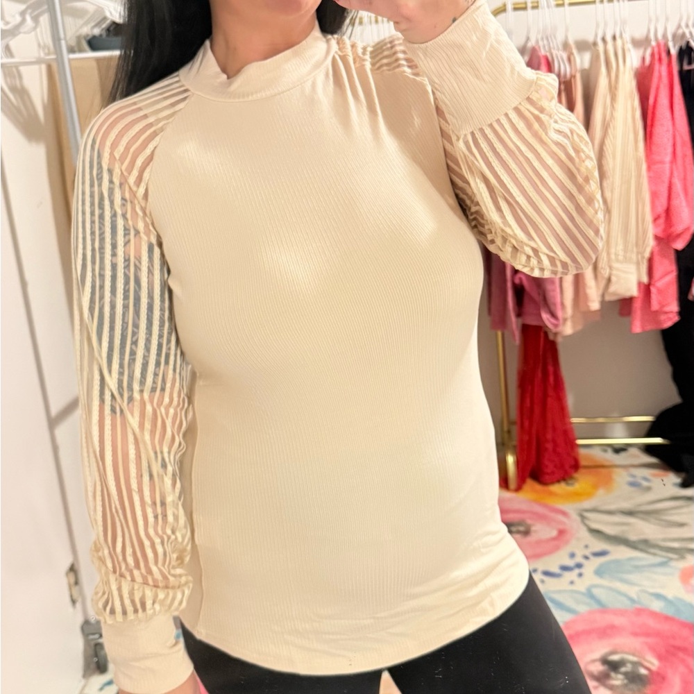 Elegant Cream Women's Top with Sheer Sleeves